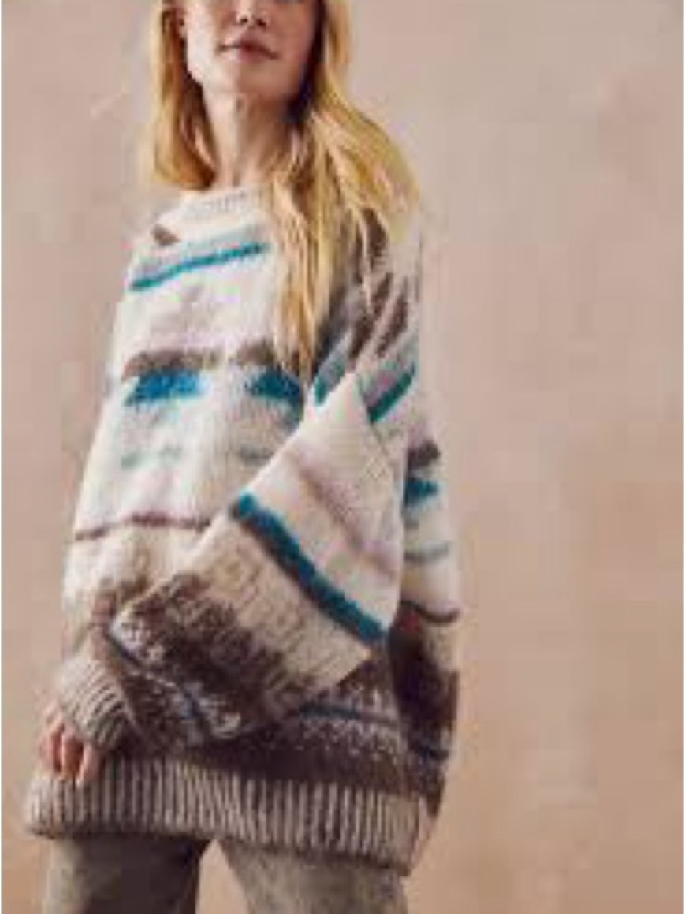 Free People Cream Sweater with Blue and Brown Stripes